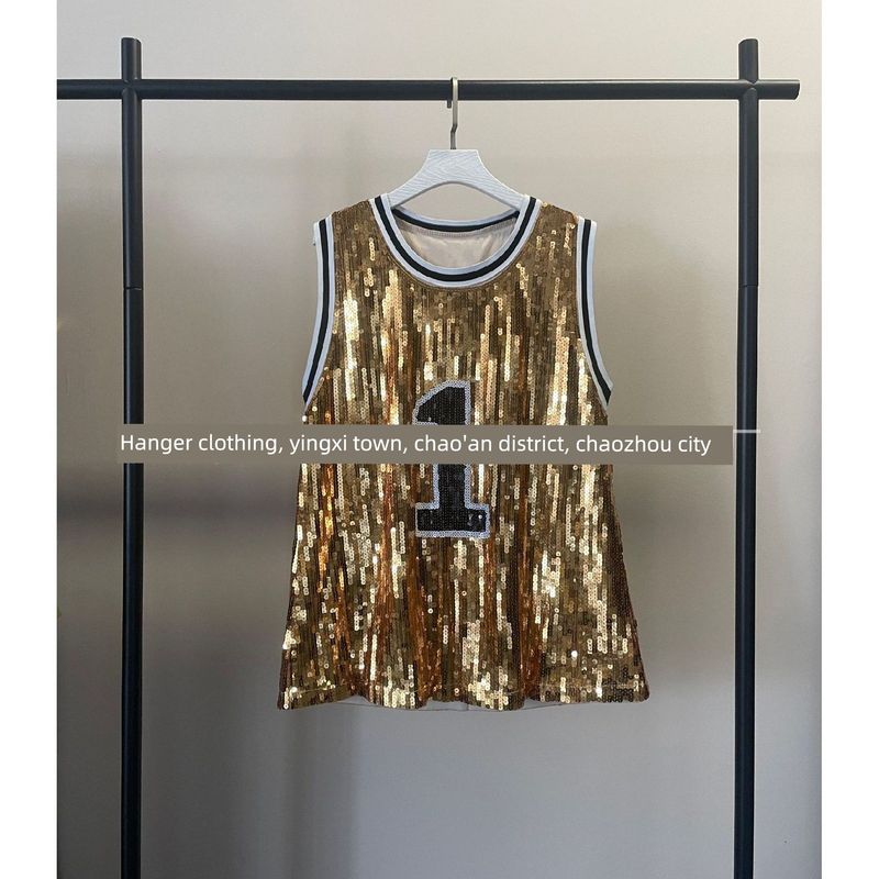 and American Spring and Summer New Loose Sequined Lettered Jazz Dance Costumes Hip-Hop Street Dance Modern Performance Costumes Dance Costumes Gold S
