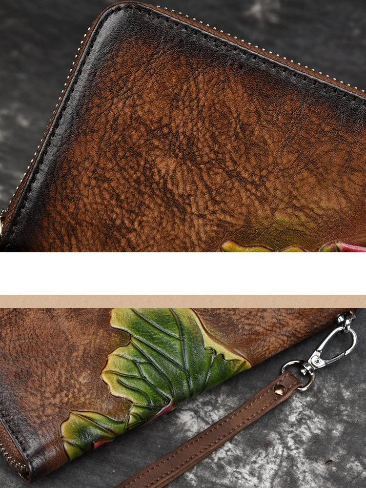 Johnature Handmade Vintage Genuine Leather Ladies Clutch Bags Female Purse Women Floral Zipper Standard Wallets