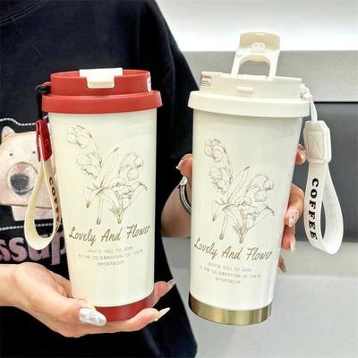 500ml Dual Drink Vacuum Flask with Straw Insulated Coffee Cup Thermal Water Bottle 316 Stainless Steel Women Flower Coffee Mug