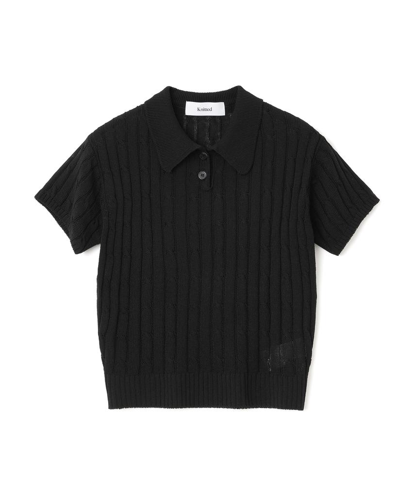 KNITTED (W) Linen Cable Collar Crop Half Knit Black