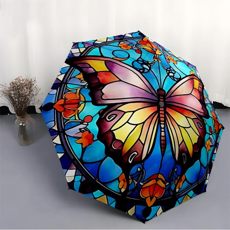 1pc Butterfly StainedGlass Automatic Folding Umbrella   Compact 8 Rib Design, Durable Iron Frame for Travel, Outdoor,  a0920090
