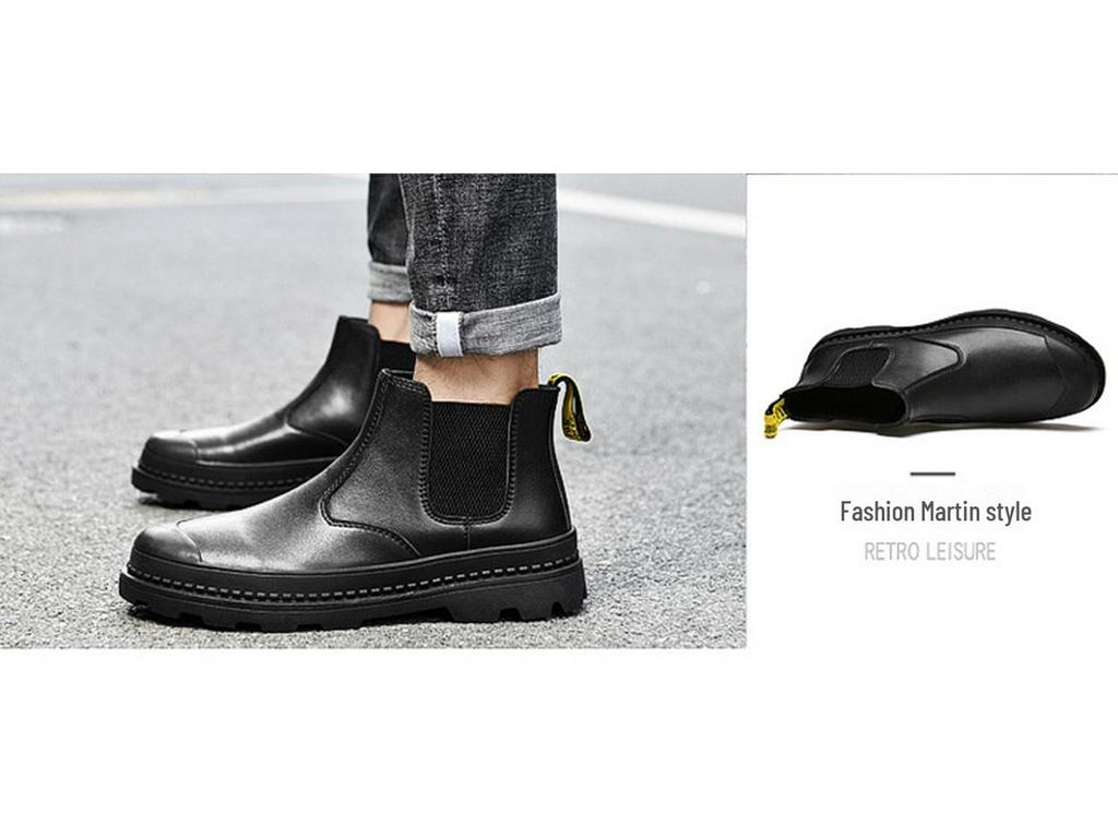 Men's Plus Size Chelsea Martin Boots: High-Top Leather Short Boots with Velvet Lining for Outdoor Wear.