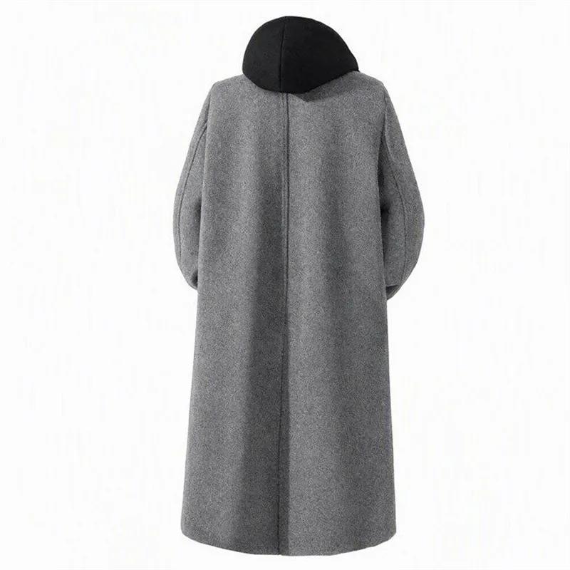 Autumn Winter Fake Two-Piece Hooded Woolen Coats Trend Solid Double Breasted Trench Coats Male Fashion Hooded Windbreaker Jacket