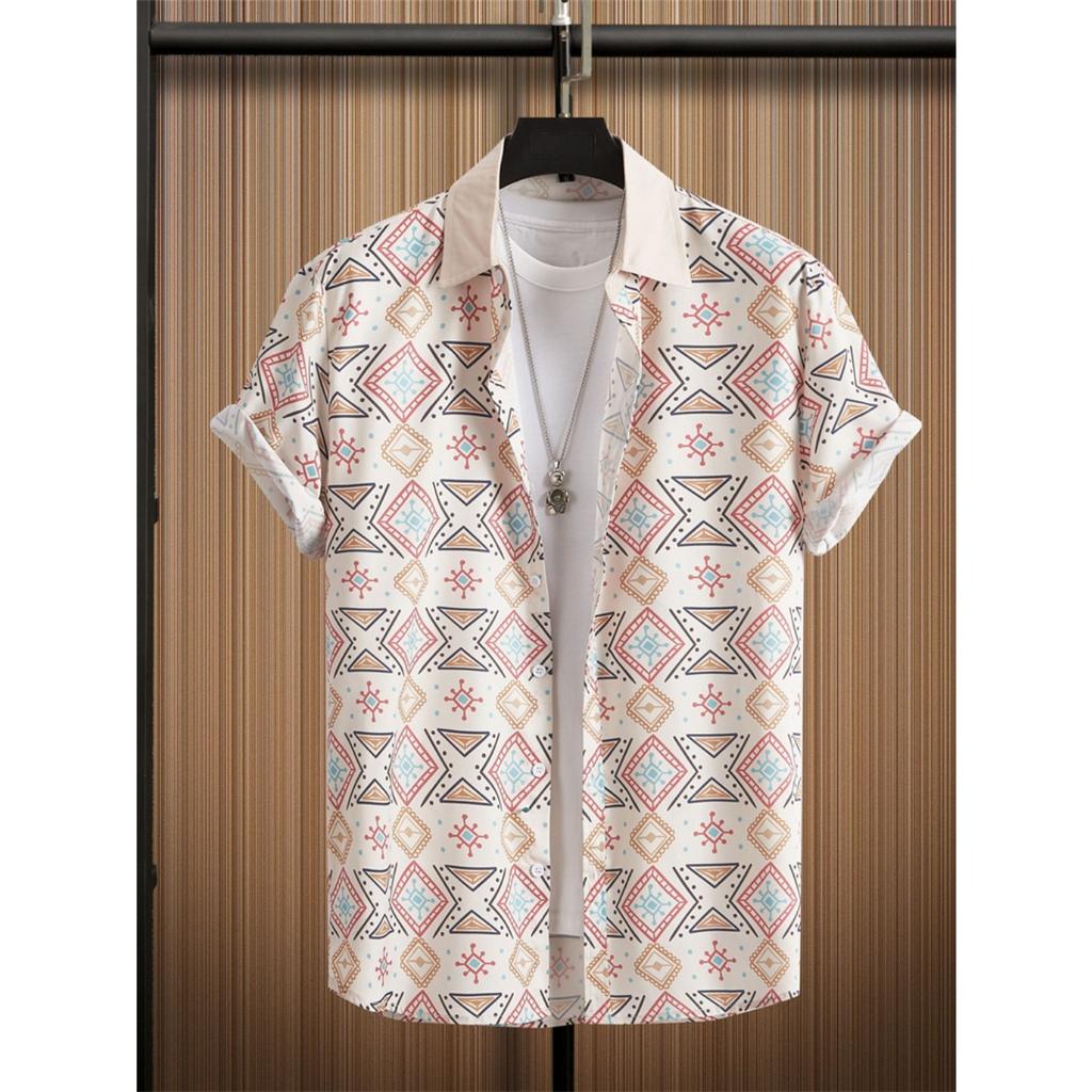 Spring And Summer Men's Beach Short Sleeve Shirt Loose Casual Lapel Button Down Shirt Fashion