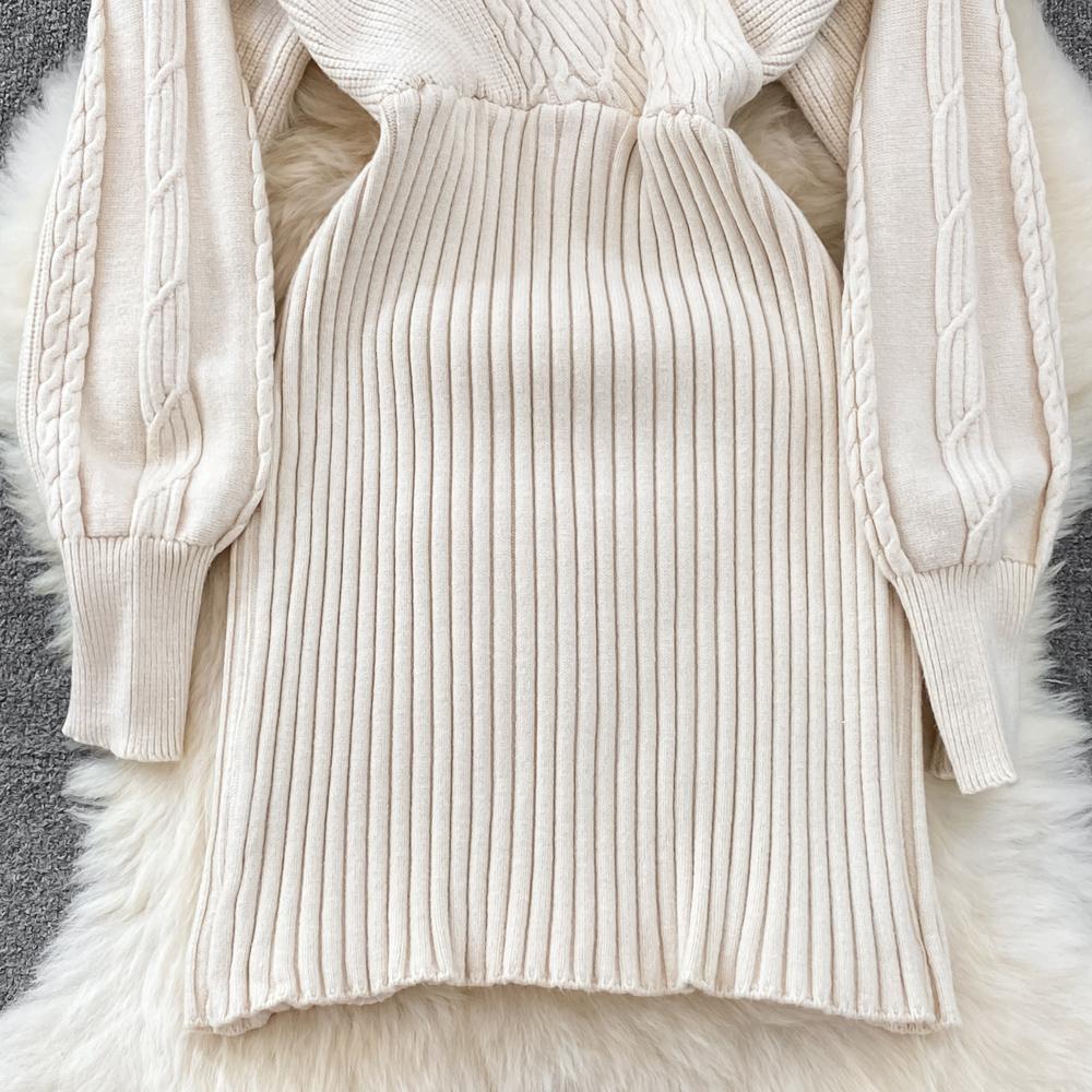 Podzimní zima elegantní pletené svetrové šaty s výstřihem do V s dlouhým rukávem Sexy mini dámské tužkové úplety