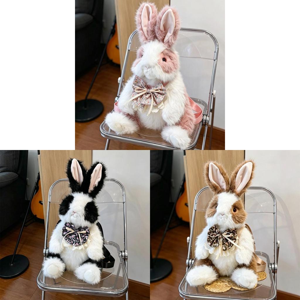 Cute Bowknot Plush Rabbit Backpack Realistic Long Fur Bunny Doll Cartoon Stuffed Animal Bag