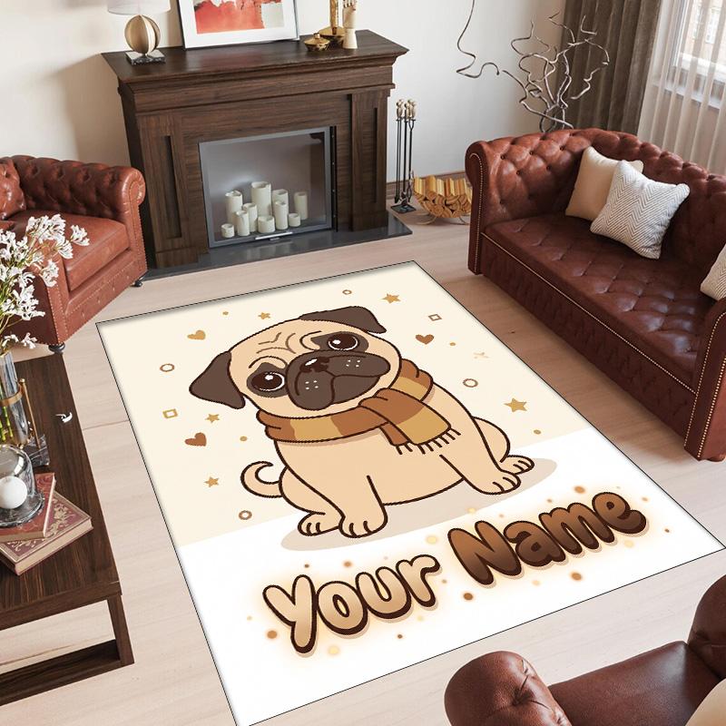 Pug Theme Crystal Velvet Floor Rug Personalized Custom Name Text Warm Carpet Home Decoration