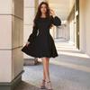 Women Solid Color Round Neck Lantern Sleeve A Line Mini Dress