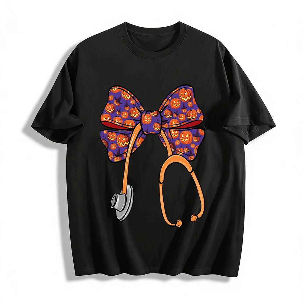 Halloween Pumpkin Stethoscope Print Medical Themed Top Pure cotton T-shirt XXS