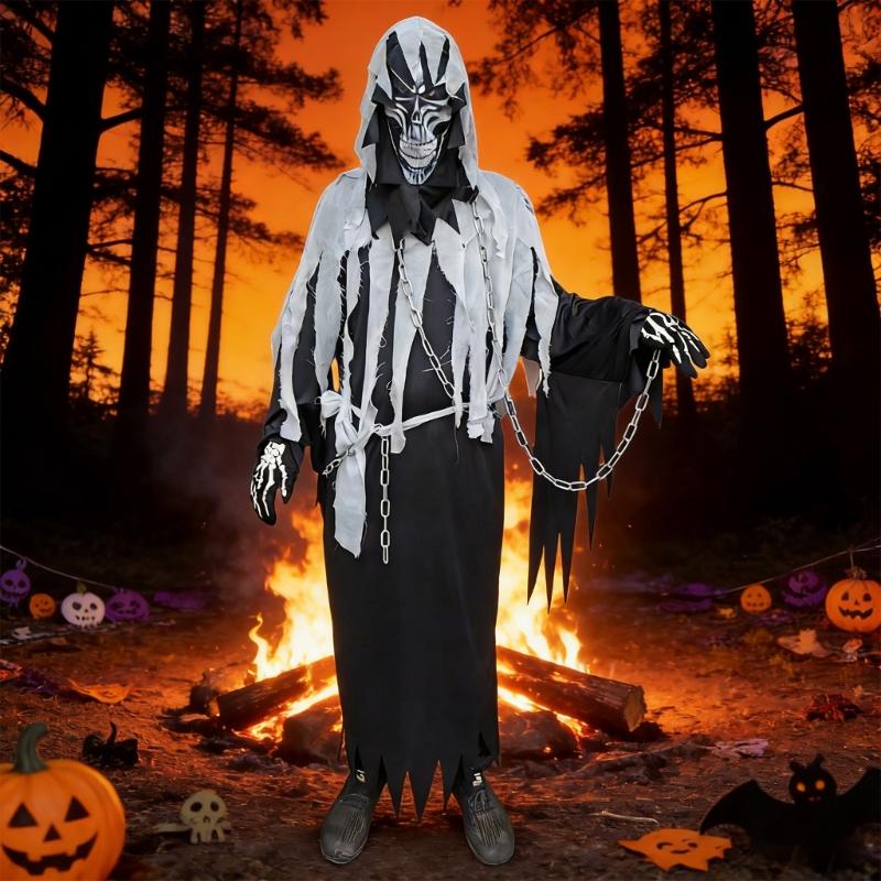 6Pcs Grim Reapers Costume for Adults,Scary Halloween Costume with Grim Reapers Mask Headgear Skeleton Gloves,Waist Belt
