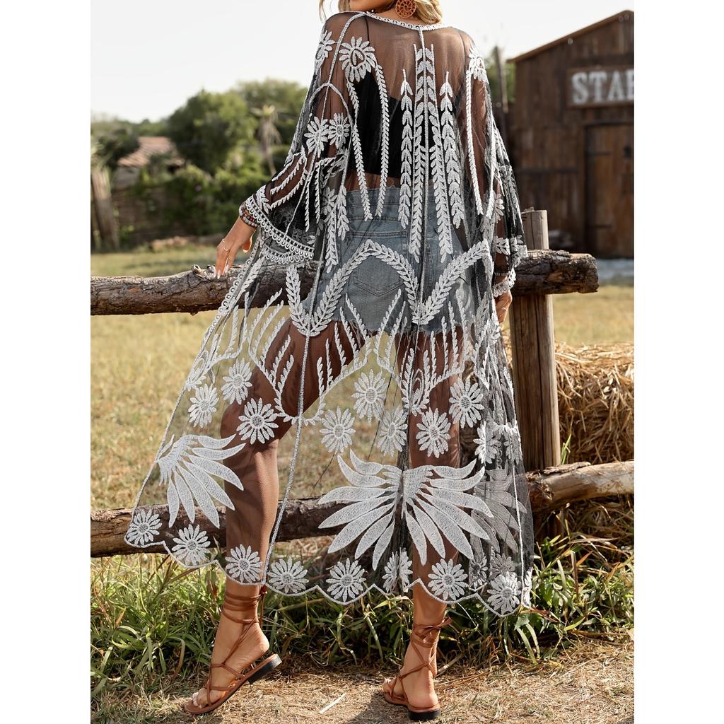 Bohemian Knit Lace Maxi Kimono Cover-Up, Elegant Beach Swimwear Cover Up, Poolside Vacation Outerwear