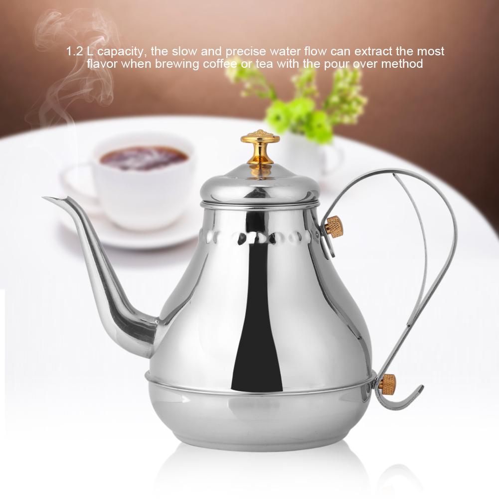 Stainless Steel Gooseneck Pour Over Coffee Drip Kettle, 1.2L Coffee Pot Tea Filter Pot Filter Ergonomic Handle Comfortable Grip for Hotels Restaurants