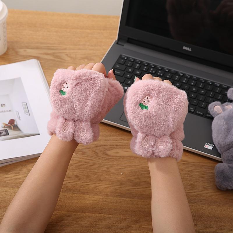 Flip half finger cute rabbit autumn and winter plush gloves female warm thickened student writing cycling gloves tide