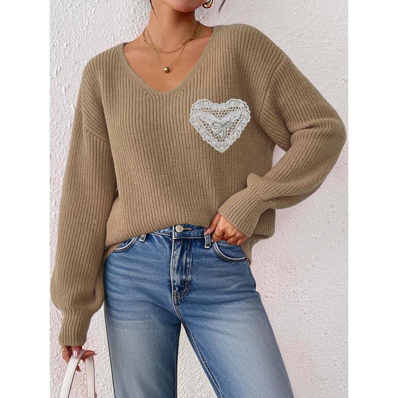 

Осенне-зимний свитер Женская одежда V-образный вырез Вязаная рубашка Кружево Кирпичный Узел-бабочка Стежок Вязаный пуловер с карманом Топы XL верблюд