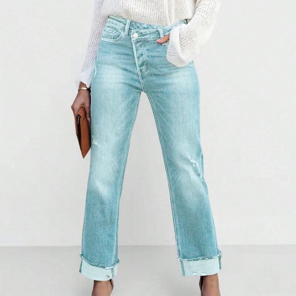 High Waist Stretch Denim Jeans for Women Solid Color Slim Straight Pants Pantalones de mujer