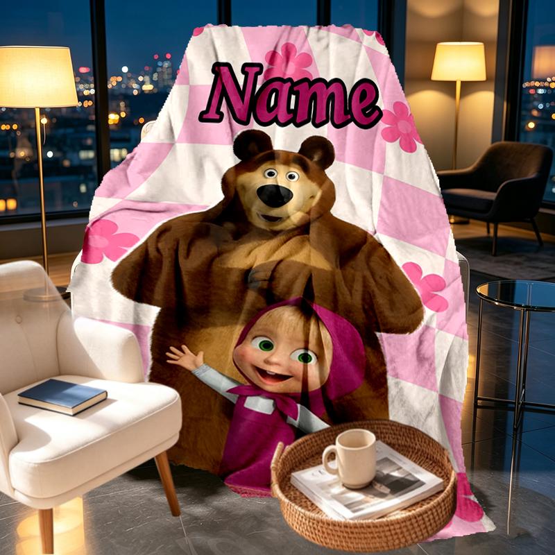 Custom Name Personalized Masha and The Bear Print Blankets, Home Decor, Bedroom, Sofa, Camping, Couch, Gifts for Birthday Christmas