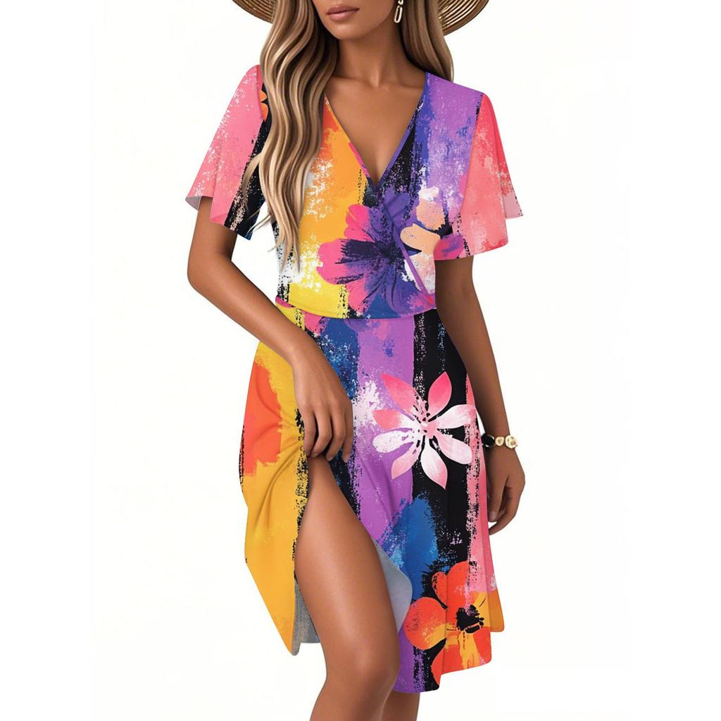 Kvinners Casual Mote Kjole Vintage Blomstermønstret Blomster Kort Erm V-hals Kjole