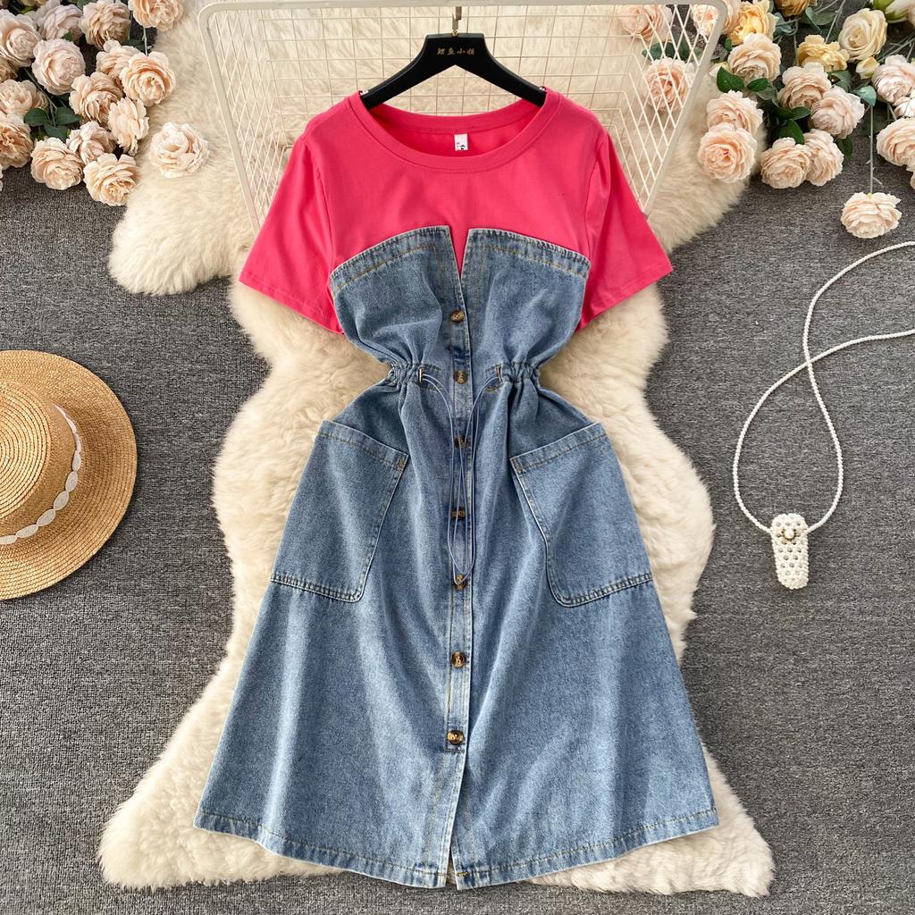 Summer Short Sleeve Denim Dress for Woman Fake Two Jeans Patchwork Women's Dresses Korean Clothing