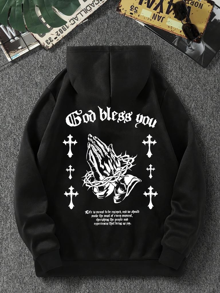 European and American Men's Gothic Cross Print Soft and Elastic Comfortable Hooded Sweatshirt Outdoor High Street Clothing