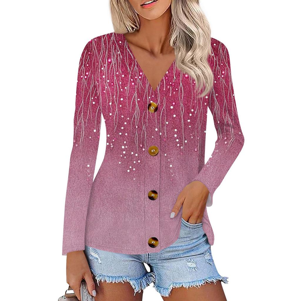 Women's Fashion Casual Print Button-down Shirt Long Sleeve Tops