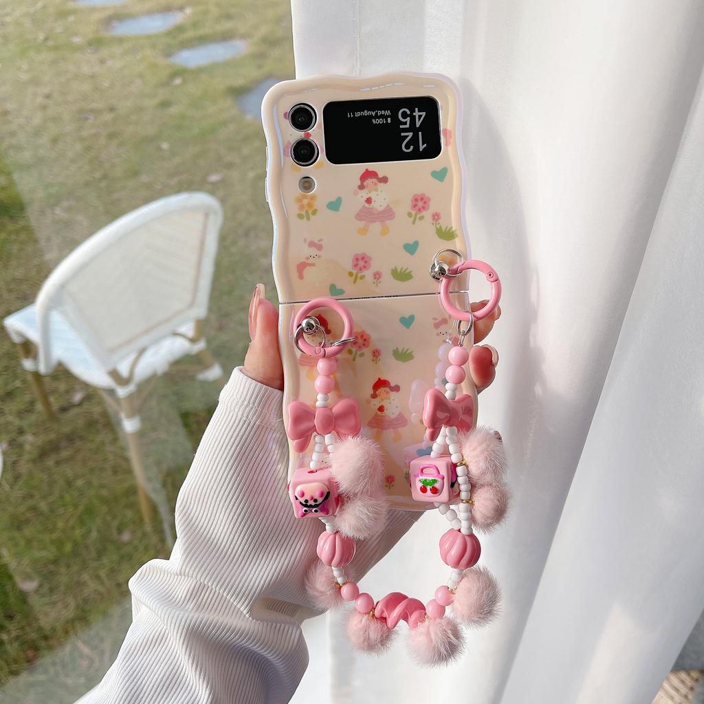 For Samsung Galaxy Z Flip4 5G Case IMD Girl Flower Pattern TPU Phone Cover with Beads Hand Strap