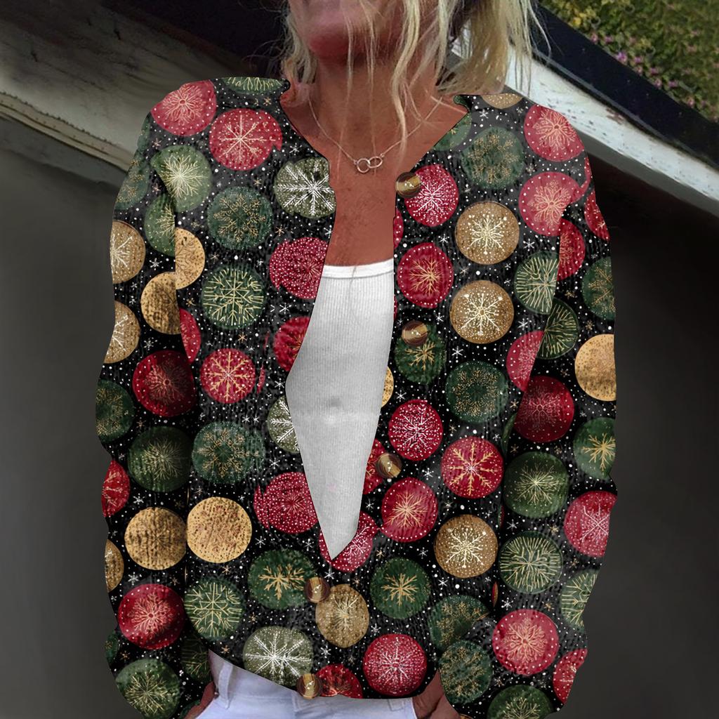 Women's Fashion Christmas Print Long Sleeve Knitted Cardigan Button Jacket