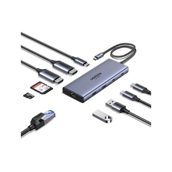 Hub Ugreen 10-en-1 USB-C 2HDMI 4K60Hz 2USB-C3.2 USB-A3.2 USB-A3.0 RJ45 SD TF PD100W
