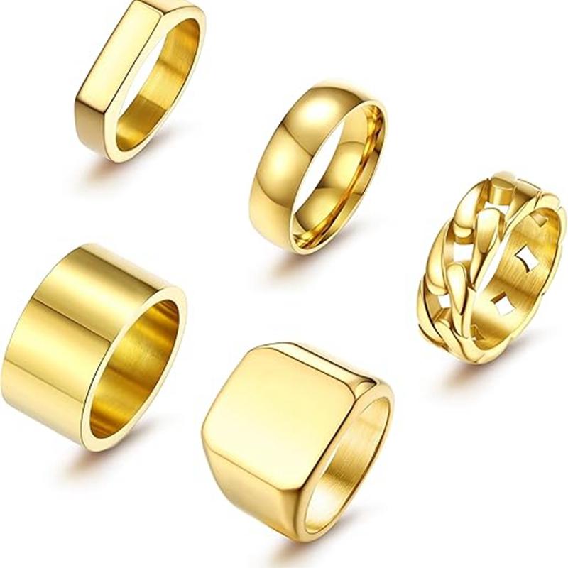 

5Pcs Stainless Steel Black Signet Solid Biker Ring For Men Polished Matte Grooved Edges Cuban Link Band Rings Set Size 7-12 13