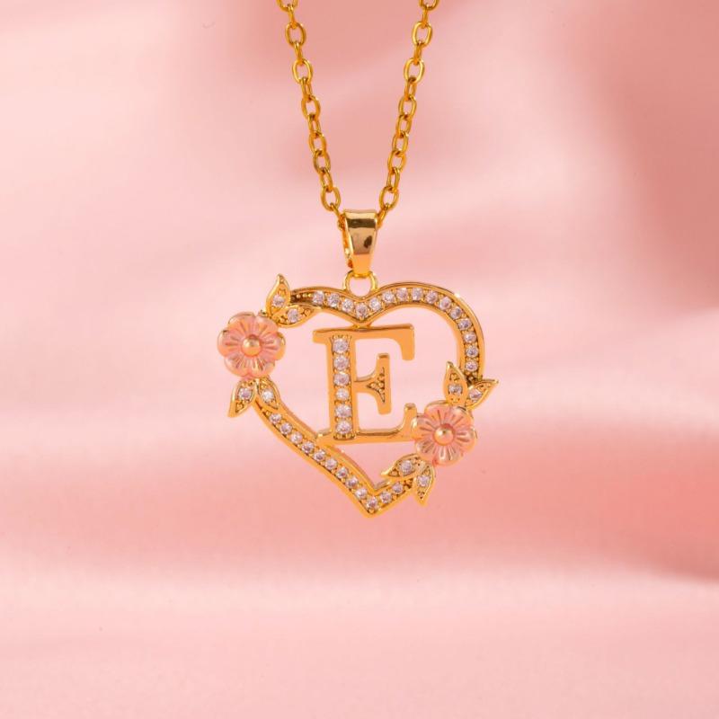 Gold Heart Initial Letter A Flower Crystal Pendant Necklace For Women