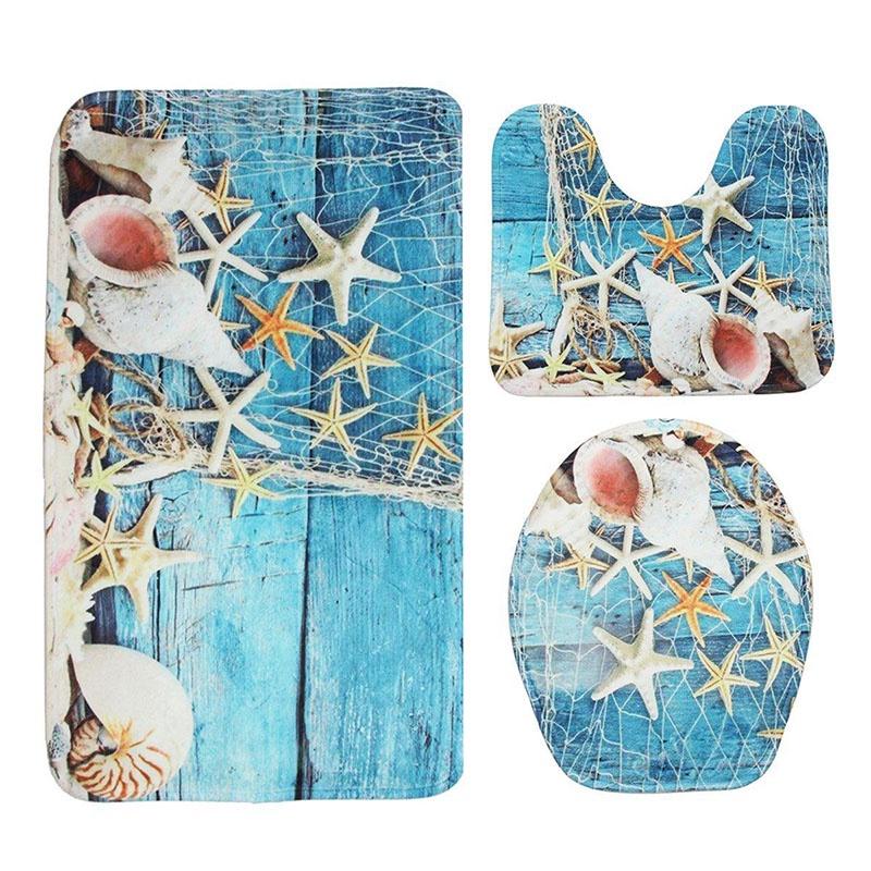 

Nonslip Beach 3pcs Bathroom Toilet Seat Cover Pedestal Rug Bath Mat Carpet Pad Green Conch