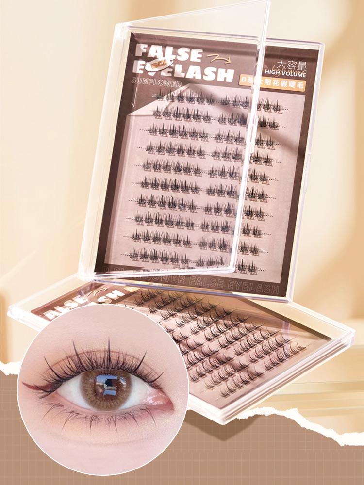 BQI Ultra-curly Sunflower False Eyelashes D Curl Enlarged Eye Makeup Looks, Large Capacity 120 Clusters Eyelashes