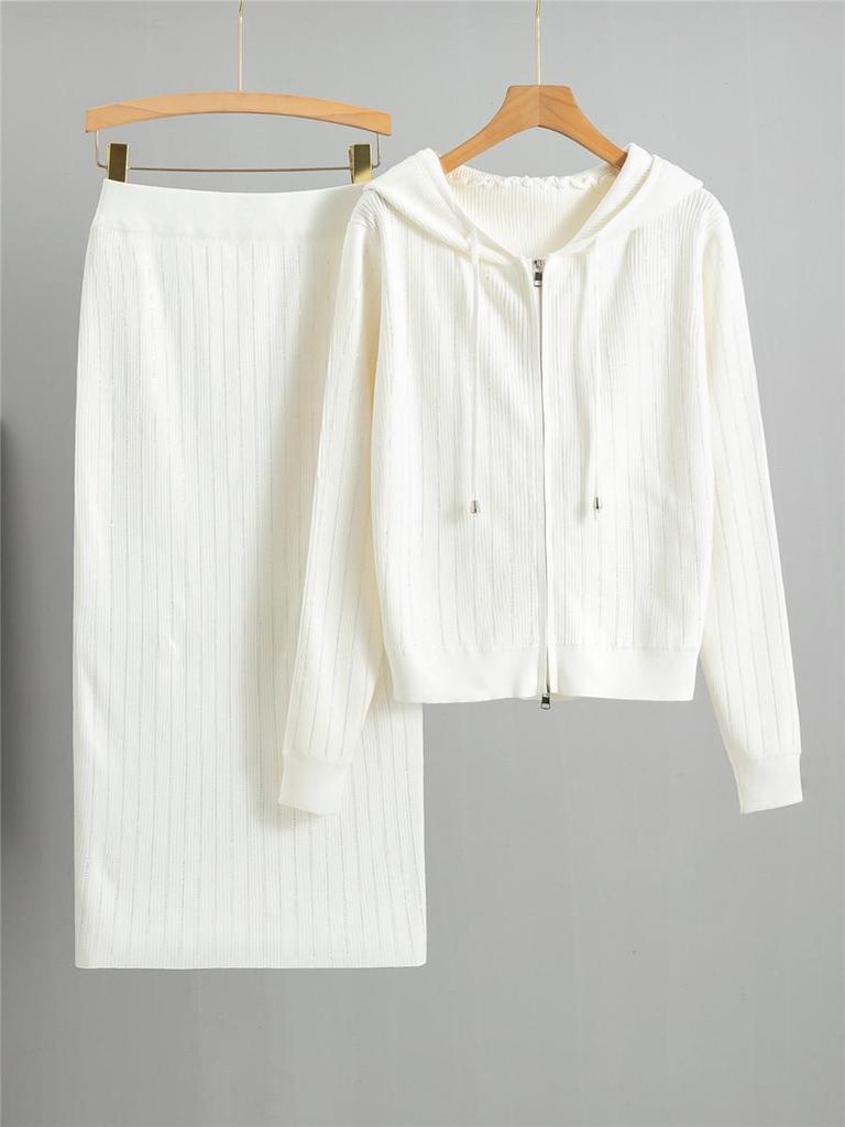 Elegant Korean Rhinestone Knit Cardigan & Skirt Set - Women's Spring/Autumn Two-Piece