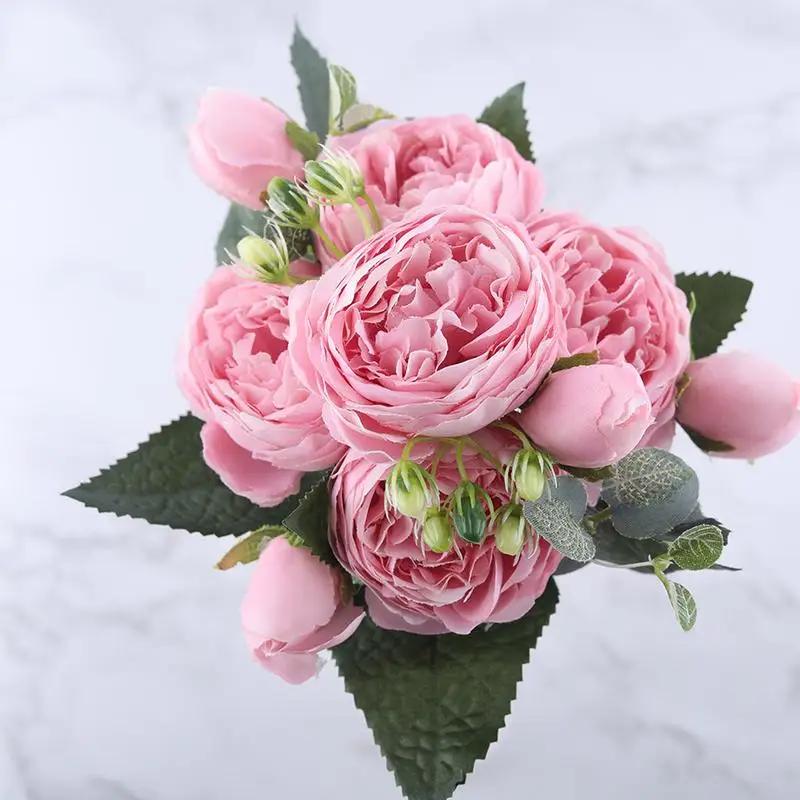 30cm Rose Pink Silk Peony Artificial Flowers Bouquet 5 Big Head Cheap Fake Wedding Decorate