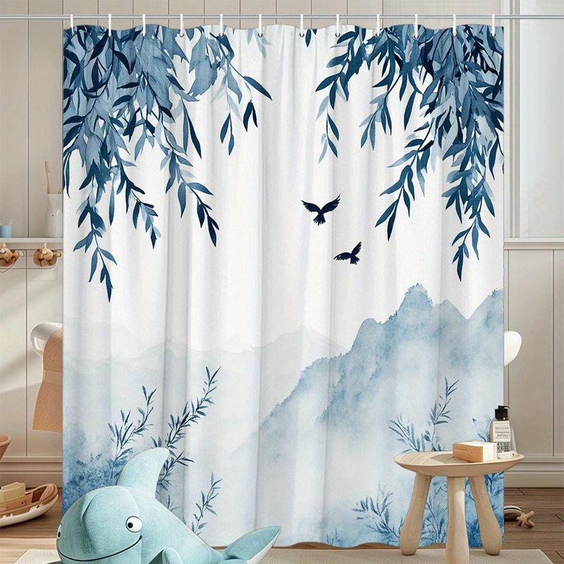 1Pc Shower Curtain With Hazy Blue And White Watercolor Pattern, Polyester Fabric, Machine Washable, Suitable For Bathroom