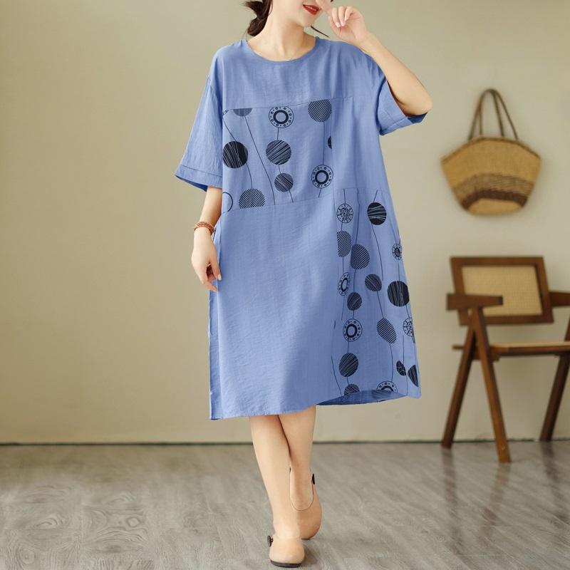 

Новинка жіночих суконь з коротким рукавом, бавовняного вінтажного квіткового принтом, повсякденного вільного крою, з коротким рукавом джинсовий синього кольору