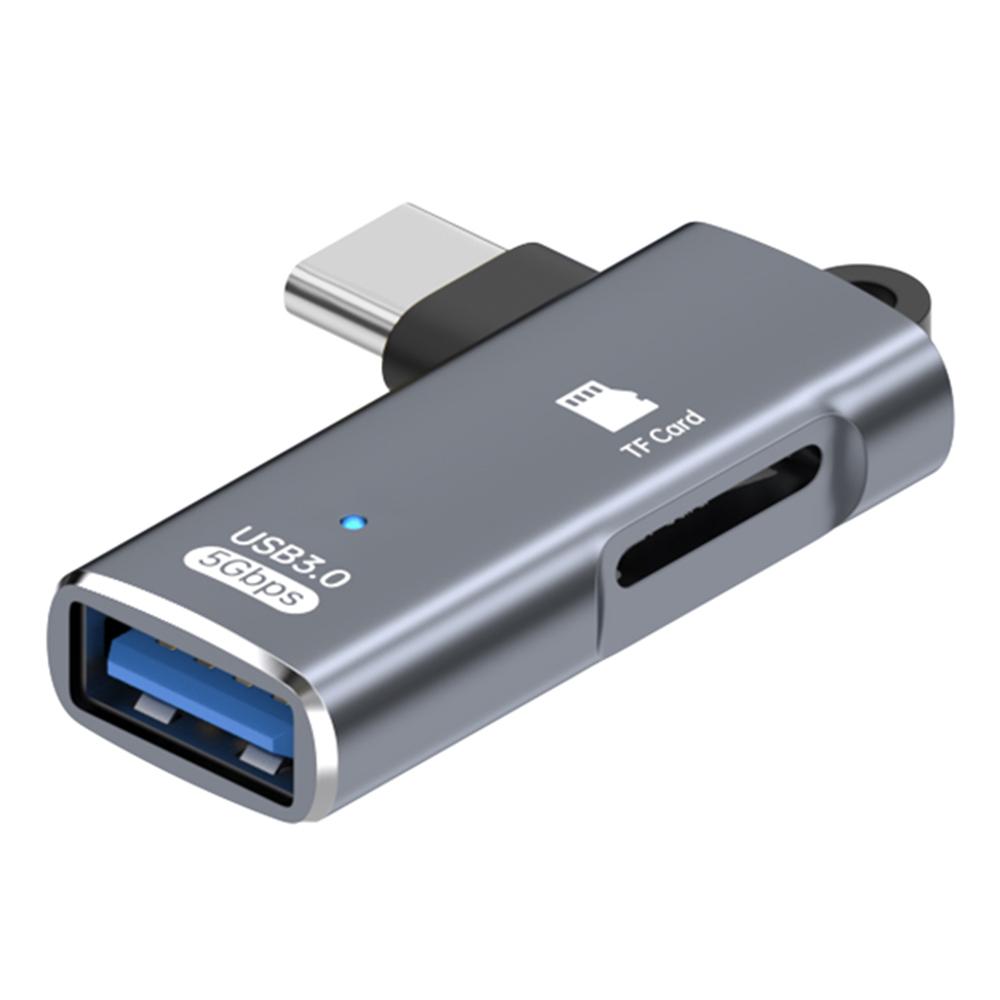 TYS-304 Angled Type-C OTG Adapter to USB 3.0 + TF Card Slot Converter for Mouse/Keyboard/Flash Drive/SSD