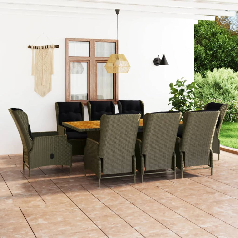 Ensemble à manger d'extérieur et coussins 9 pcs résine tressée