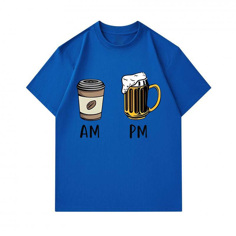 Men's 100% Cotton Crew Neck Short Sleeve T-Shirt, Funny AM Coffee PM Beer Graphic Casual Daily Wear Tee, Soft Breathable Summer Top for Men