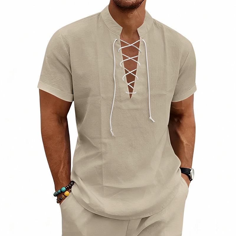 Men's Linen‑Blend Lace‑Up Stand‑Collar Shirt, Crisscross Tie Front V‑Neck, Short Sleeve, Breathable Relaxed‑Fit Medieval Renaissance Casual Summer Top