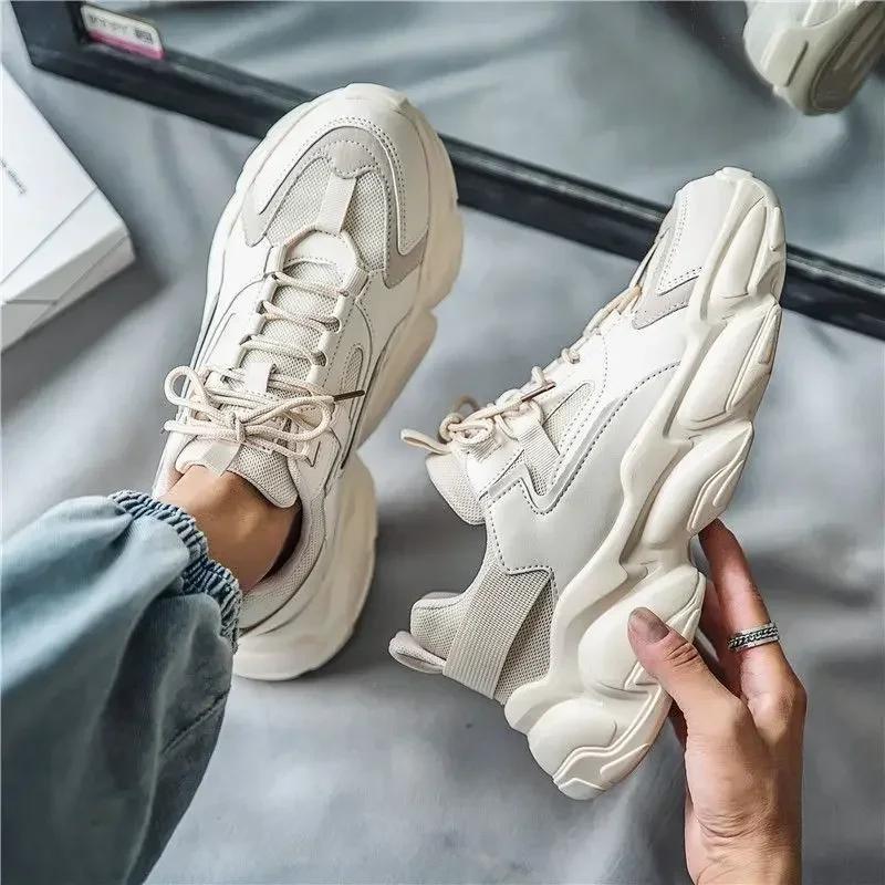 Solid Chunky Sneakers Men's Running Shoes 2025 Fashion Casual Breathable Leather Mesh Increased Thick Platform Designer Shoes
