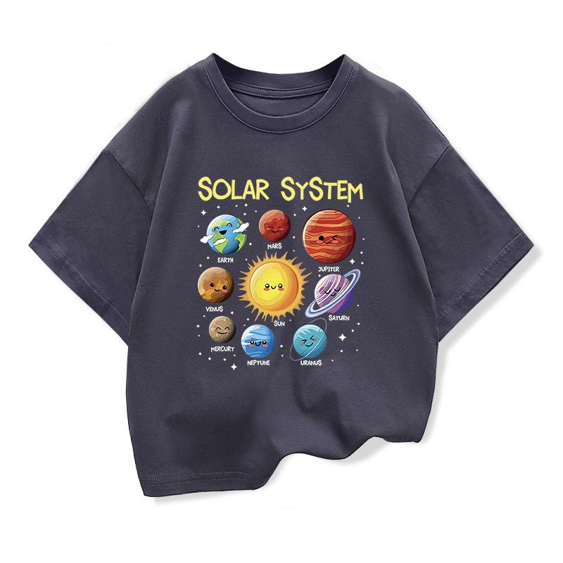Kids Pure Cotton Tshirt Solar System Graphic Printing Summer Childrens Loose Shortsleeved Tees Boys Girls ONeck Tops 110