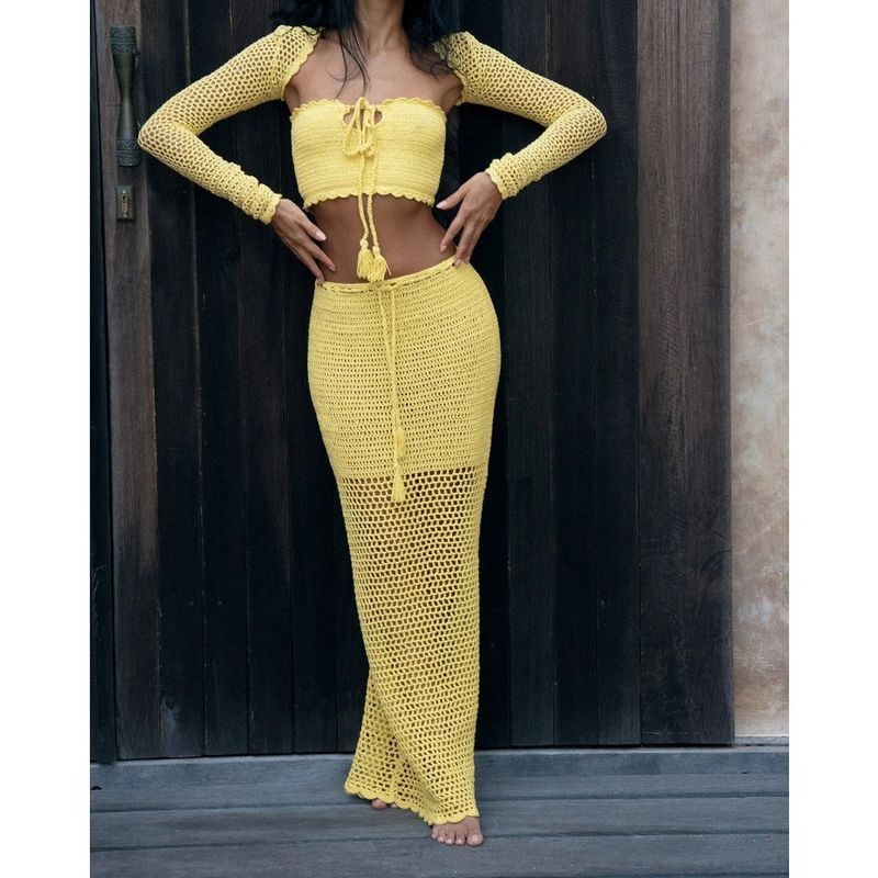 

Универсальный европейский и американский женский трикотажный костюм-тройка Модный топ-бандо с длинными рукавами и кардиганом Сексуальный костюм с юбкой-карандаш Yellow L