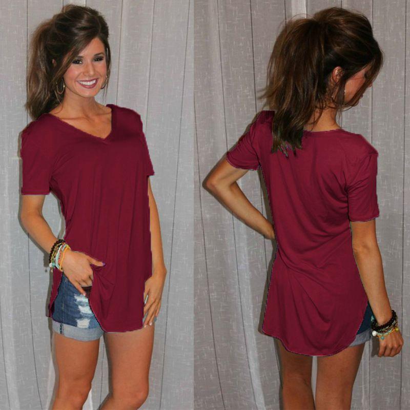 Damen Ärmel Kurz V-Ausschnitt Saum Locker Lässig T-Shirt Sommer Tunika Bluse Top