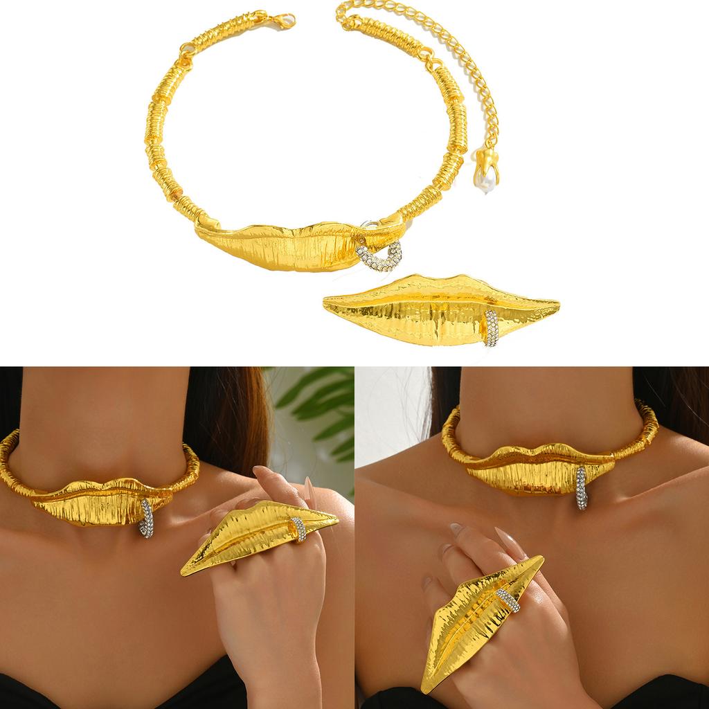 Geometric Lips Design Rhinestone Necklace And Ring Set Zinc Alloy Lightweight Jewelry For Women Everyday Wear Or Special Occasions