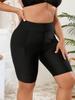 2026 High-Waist Badeshorts in Übergröße, Schwarz, mit Taschen - Europäischer & Amerikanischer Stil