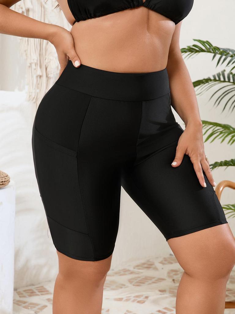 2026 High-Waist Badeshorts in Übergröße, Schwarz, mit Taschen - Europäischer & Amerikanischer Stil