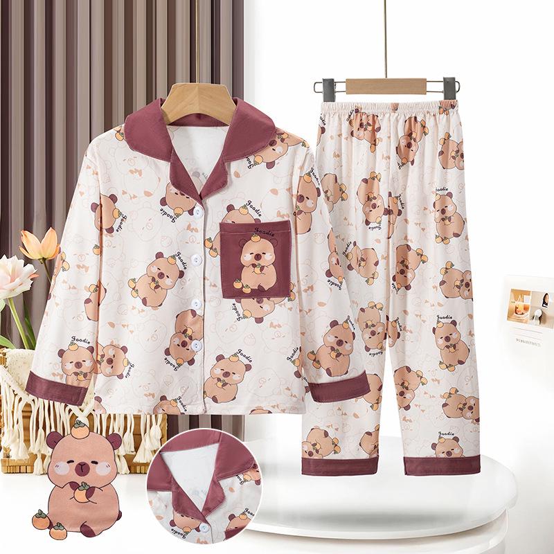 Children's Spring/Autumn Cartoon Print Pajamas, Long-Sleeve Cardigan Style for Boys and Girls