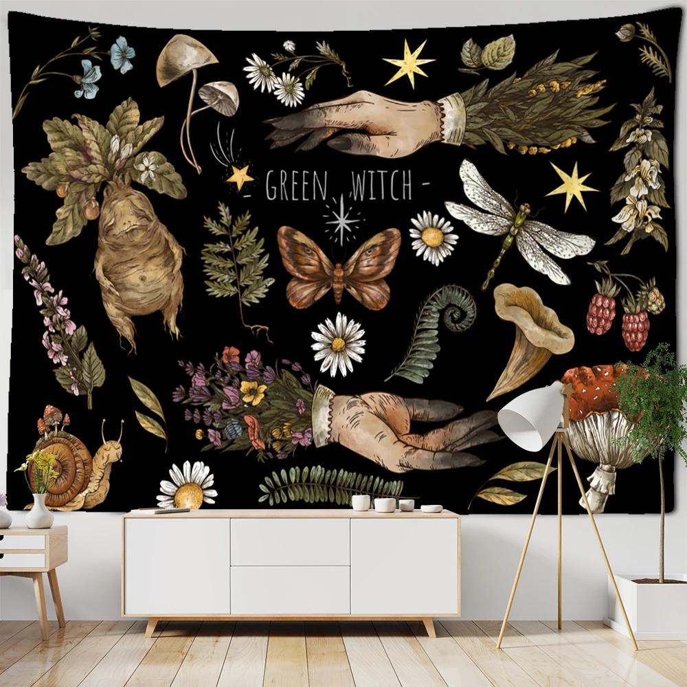 Vintage Magic Mushroom Tapestry Wall Hanging Witch Hand Mural Botanical Mystery Boho Hippie Home Decor