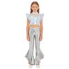 Girls Dance Crop Top with Flared Pants Mock Neck Sleeveless Mesh Rhinestone Ruffle Metallic Outfit Set