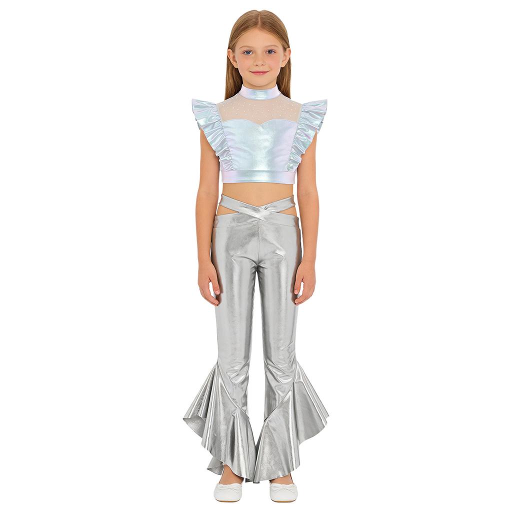 Girls Dance Crop Top with Flared Pants Mock Neck Sleeveless Mesh Rhinestone Ruffle Metallic Outfit Set